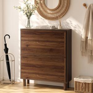 Smart FENDEE Shoe Cabinet with 2 Flip Drawers, 31.5" Narrow Shoe Storage Organizer with Wooden Handle, Slim Shoe Rack for Entryway, Hallway, Small Apartment, Walnut, 31.5 x 37.2 x 9.45 inches