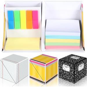 Eaasty 3 Set Teacher Appreciation Gifts Sticky Notes Organizer with Pen Holder 3-in-1 Memo Pad Set Portable Desk Organizer with Pencil Notebook Composition Book Pattern for End of Year Office