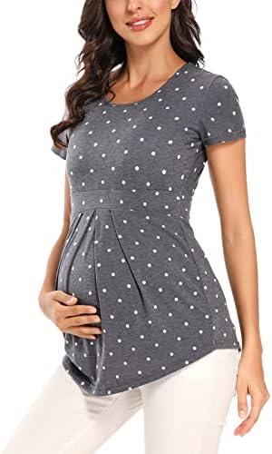 Glampunch Women's Maternity Tops Short & 3/4 Sleeve Round Neck Front Pleat Peplum Tunic Top Pregnancy Shirts, Medium