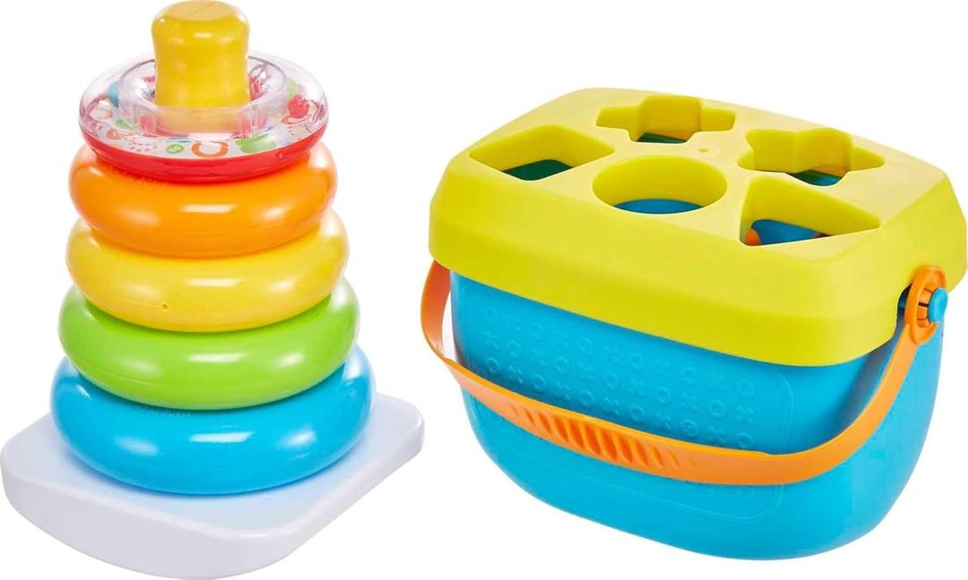 Fisher-Price Babys First Blocks & Rock-a-Stack Toy Set, Bucket of 10 Shapes & Ring Stacking Activity for Developmental Play Ages 6+ Months 