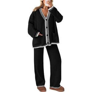 PRETTYGARDEN Lounge Sets for Women Fall 2026 Loungewear 2 Piece Outfits Cardigan Sweaters Track Suit Matching Winter Clothing (Small, Black)