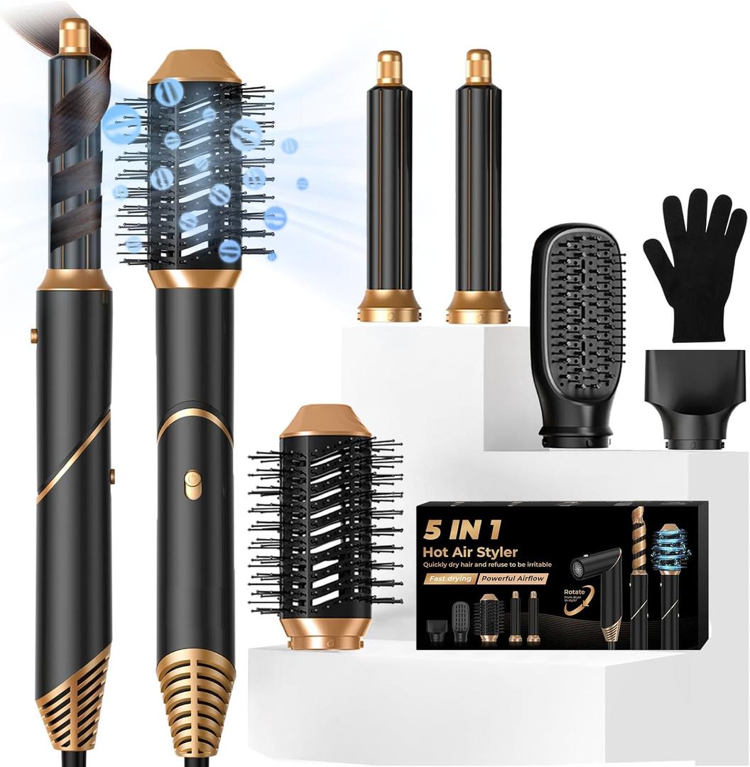 5 in 1 Blow Dryer Brush,Hair Dryer Brush with Detachable Air Styler,Negative Ionic Magic Hair Styler,Hot Air Brush for Women Volumizer,Straightener,Drying (Black Gold)