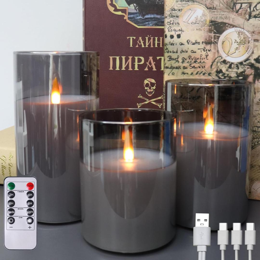 200 Hour Flameless Candles with Remote, Rechargeable Flickering Glass Pillar Candles with Remote and Timer, Black Flameless Candles Moving Flame for Christmas Festival Home Holiday Dcor