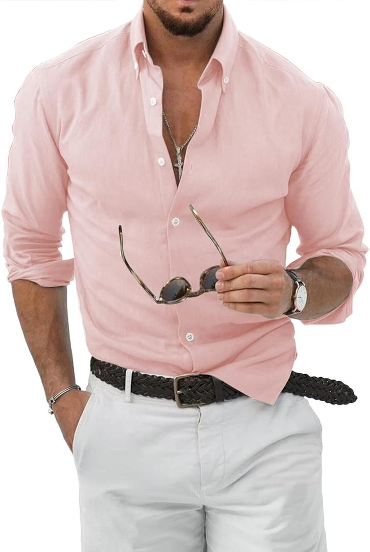 JMIERR Men's Cotton Linen Button Down Shirt Casual Stylish Long Sleeve Business Dress Shirts (XX-Large)