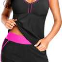 Women 2 Piece Tankini Swimsuit with Pockets Boy Shorts Modest Bathing Suit Tummy Control Tank Top (Large, Black Pink)