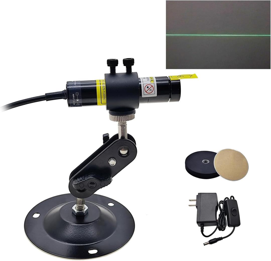 520nm Green Light Line Module Projector Focusable Locator Generator for Wood Stone Fabric Alignment Dia.16mm (5V DC with Adapter, Mount and Magnetic Base)