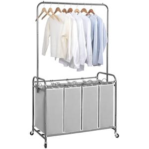 STORAGE MANIAC Laundry Sorter with Hanging Bar, Portable, Removable Laundry Hamper Cart with Heavy Duty Rolling Lockable Wheels and Removable Bags, Rolling Laundry Basket Organizer 181L, 4 Section