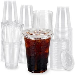 100 Pack 16oz Clear Plastic Cups with Lids and Straws, Leak-Proof Disposable Iced Coffee Cups, BPA-Free Recyclable PET To-Go Cups for Smoothies & Cold Drinks