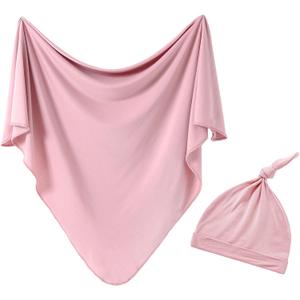 iEvolve Cotton Knitted Baby Swaddle Blanket with Hat Headband Set Newborn Swaddle Wrap Receiving Blankets for Baby Girl Boy 45" x 45"(Pink)