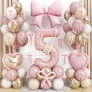 Light Pink 5 Balloon Number, Retro Blush Pink Gold Beige Nude Latex Balloons 5 Year Old Girl Birthday Decorations Bow Heart Foil Balloon with for Girls Boho 5th Birthday Anniversary Party Decoration