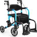 2-in-1 Heavy Duty Rollator Walker with 10" Front & 8" Rear Airless Tires, Foldable Transport Wheelchair for Seniors, Supports Up to 300 lbs, Adjustable Height, Safety Features, Easy Storage (Blue)