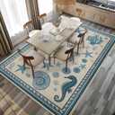 8x10 Area Rug for Living Room Coastal Nautical Rug Machine Washable Sea Turtle Starfish Seashell Coral Rugs Non Slip Low Pile Large Dining Room Indoor Floor Carpet for Bedroom Office,Blue