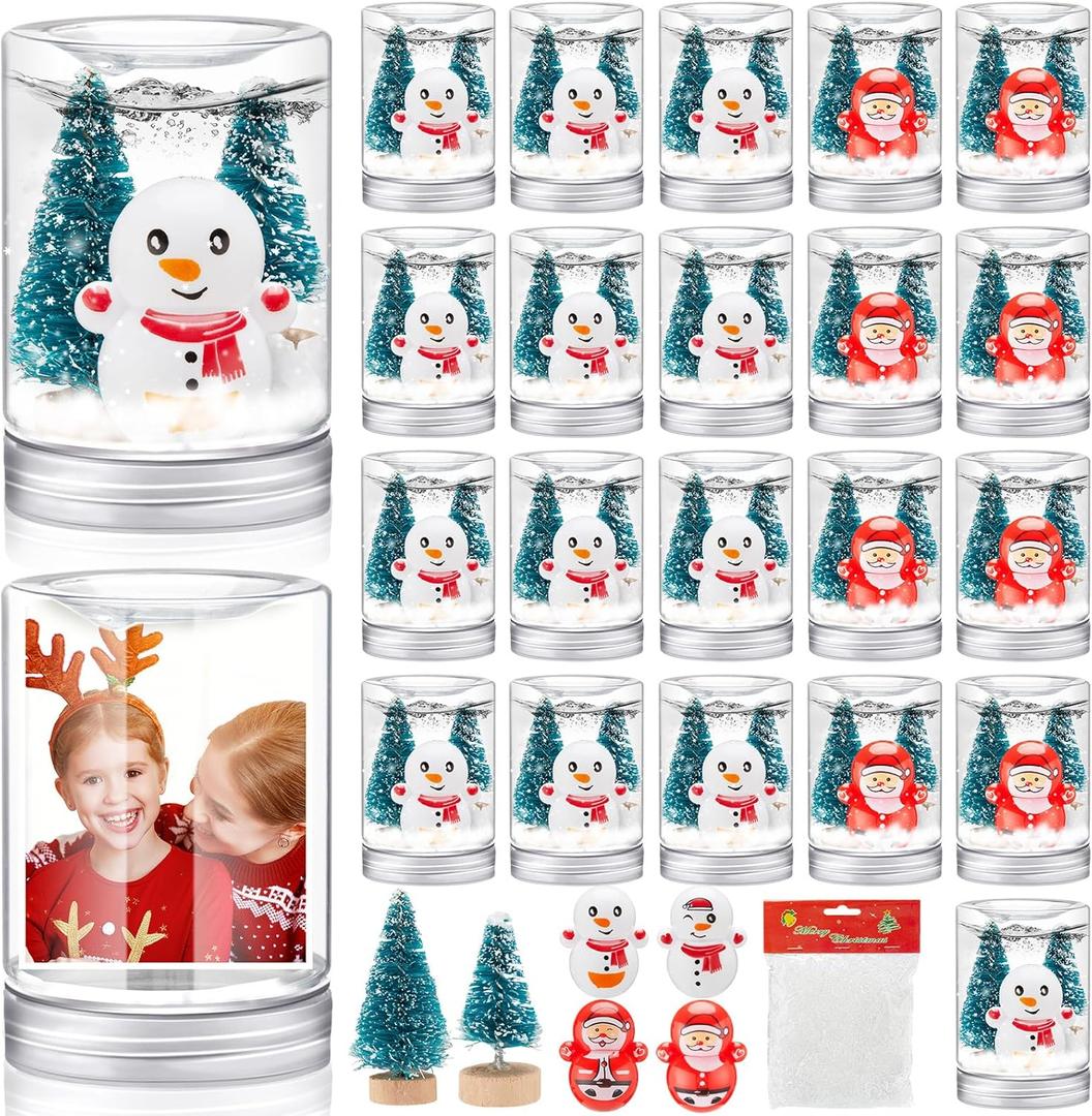 Glimin 48 Sets Christmas Plastic Snow Globes Kit Includes 48 Clear Snow Globe, 96 Mini Xmas Trees, 48 Miniature Snowman and Santa Claus with Artificial Snow for DIY Crafts Home Winter Decor (Cylinder)