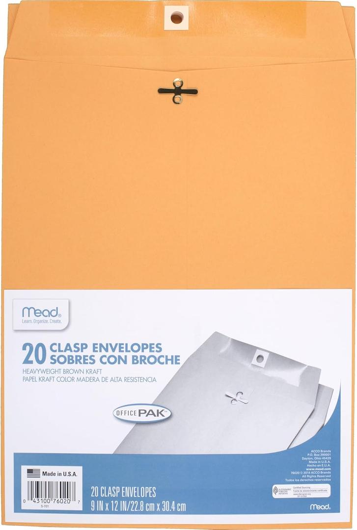 Mead Envelopes, 9" x 12", Clasp Closure, Brown Kraft All-Purpose 24-lb Paper Mailing Envelopes, 20 Count (76020)