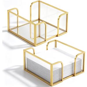 LemonRoad 2 Pcs Square Gold Napkin Holder for Table 4.7 x 4.7 Inch Decorative Cocktail Napkin Holder Glass Flat Paper Basket for Kitchen Dining Buffet Bar Counter Wedding Party Restaurant Bar Hotel