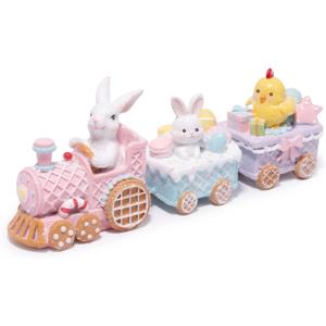 Hodao Easter Bunny Train Figurine, Gingerbread Style Decor Train with Rabbits, Chicks and Easter Eggs, Colorful Spring Holiday Tabletop Decoration for Home, Tiered Tray and Farmhouse 