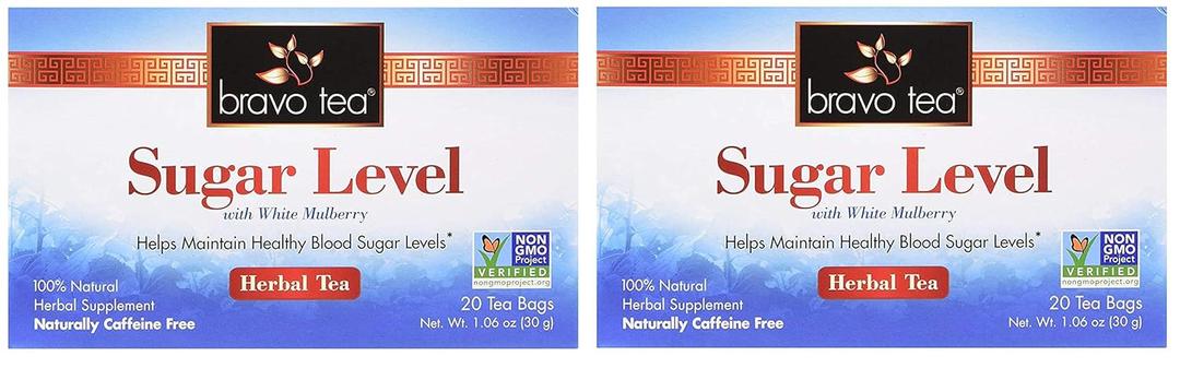 Bravo Tea, Sugar Level (Blood Sugar) Herbal Tea, Caffeine Free, 20 Tea Bags (Two Pack) (EXP 09/30/24)