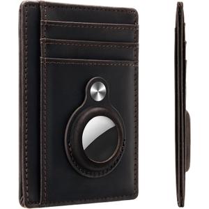 Hawanik Slim Minimalist Front Pocket Air Tag Wallet, RFID Blocking Card Holder Wallet with Airtag Holder (Genuine-leather Coffee Color)