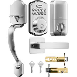 TEEHO TK001H Keyless Entry Door Lock with Handle Set, Electronic Deadbolt Keypad Door Lock with Code, Smart Locks for Front Door, Exterior Door Handle, Auto-Lock, Easy to Install, Satin Nickel