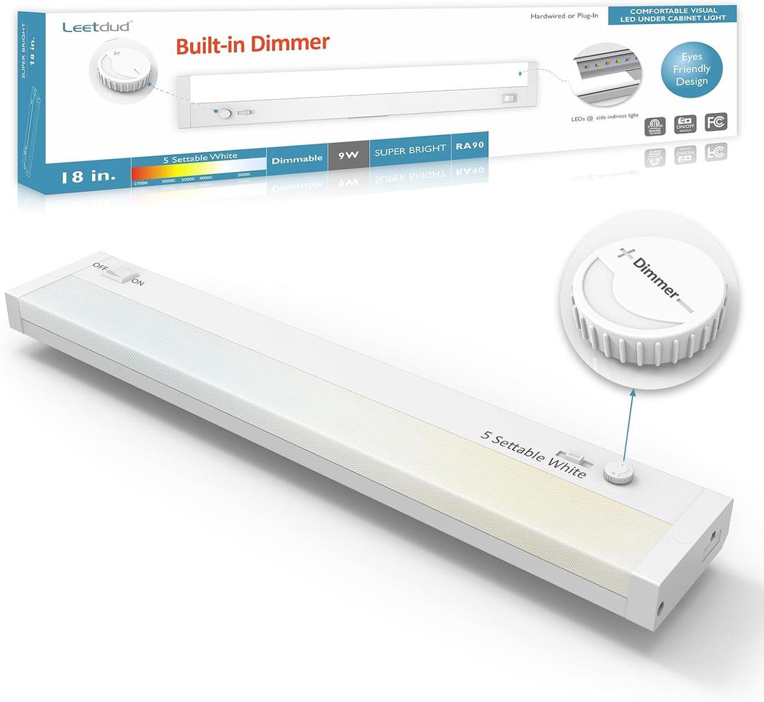 LED Under Cabinet Lighting Built-in Dimmer Plug in or Hardwired,18 Inch 9W Dimmable 5 Color 2700K/3000K/3500K/4000K/5000K, ETL Listed Linkable Under Cabinet Lights for Counter,Kitchen,White