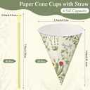 Willinglong 50 Sets Vintage Wildflower Snow Cone Cups and Straws 6oz Green Leaves Herbs Ice Cream Cup Spring Flora Paper Funnel for Wedding Baby Bridal Shower Birthday Garden Tea Party Decor Supplies