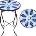 VCUTEKA Patio Side Table Outdoor Accent Table Bistro Coffee Table Plant End Table Small Porch Tables Indoor Round Glass Balcony Blue Flowers 14 inches