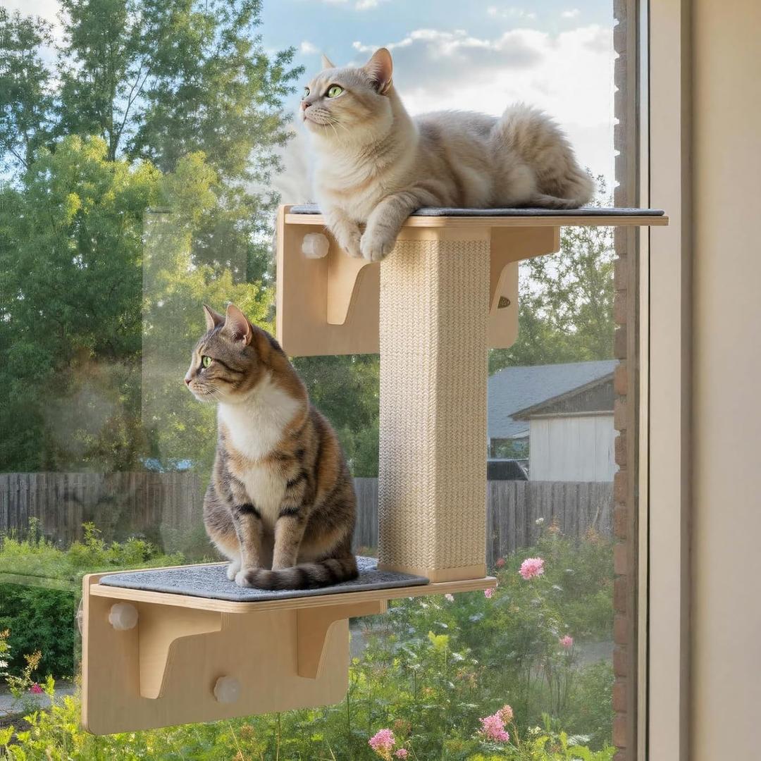Pecute Double Cat Shelves with Scratching Post for Wall and Window with Solid Wood, Strong Suction Cup, Washable Cover Mat, Cats Perch Bed for Birds Watching Inside Indoor Cat Hammock Bed (Double Layer Carpet M(15.7"L x 10.2"W))
