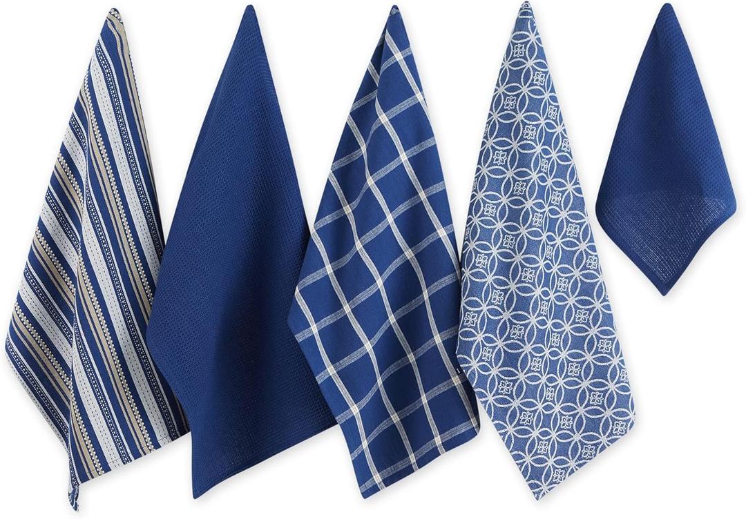 DII Assorted Woven Kitchen Set, Dishtowel, 18"x28", Dishcloth, 13"x13", Nautical Blue, 5 Piece
