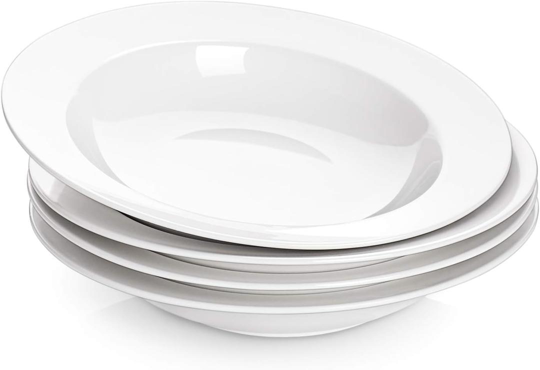 DOWAN Soup and Pasta Bowls Set of 4, White Porcelain Wide Rim Salad Plates, 20 Ounces, Microwave & Dishwasher Safe (9.5")