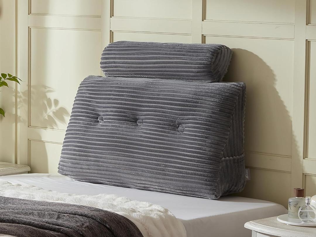 Headboard Wedge Pillow + A Long Neck Roll Pillow Body PillowLarge Headboard Pillow with Removable Cover (Gray, Twin39x8x20 inches)