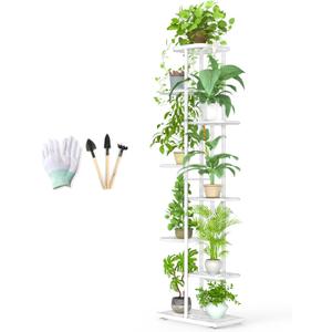 Corner Plant Stand Indoor 8 Tier 9 Potted with Gardening Tools and Gloves, Upgraded Tall Metal Plant Shelf Organizer Outdoor, Multiple Flower Pot Holder Display Rack for Patio, (8 Tier-White)