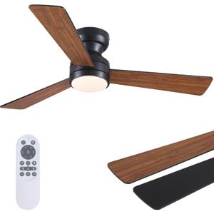 Asyko Ceiling Fans with Lights, 46" Low Profile Ceiling Fan with Light and Remote Control, Flush Mount, Reversible, Dimmable LED, Noiseless, Brown Ceiling Fan for Bedroom, Dining Room