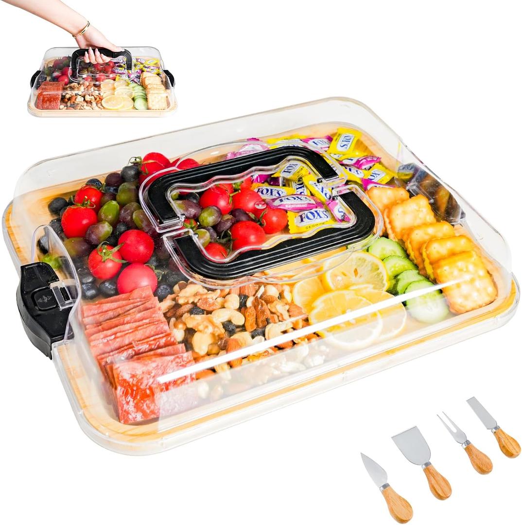 Charcuterie Board with Clear Locking Lid, Travel Portable Cheese Board Set, Bamboo Cutting Boards for Kitchen, House Warming Gifts New Home, Gifts for Women (Black - 1 Compartments)