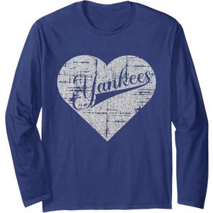 Vintage Heart Yankees I Love Yankees First Name Personalized Long Sleeve T-Shirt (Blue, S)
