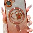 for iPhone 17 Case, Glitter Clear Cute Paw Love Heart, Compatible with MagSafe, Strong Magnetic Full Camera Lens Protection Cover, Soft Slim Bling Phone Case 6.3" - Orange