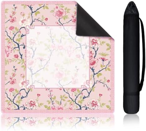 Sonwyoung 21.5 Inch Mini Chinoiserie Mahjong Mat for Travel Set Pink and Green Floral Mahjong Mat Cute Small Domino Accessories Gifts Domino and Tile Game Table