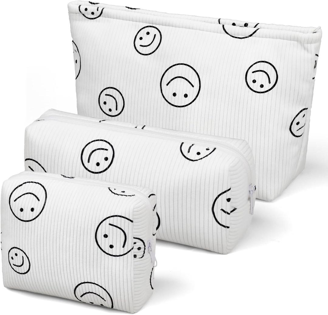 3 Pieces MakeUp Bag Cosmetic Bag,Travel Makeup Bag Set,Cute Smiley Corduroy Make Up Purse with Zipper,Beige White Pencil Pouch,Small Makeup Pouch,Aesthetic Preppy Stuff