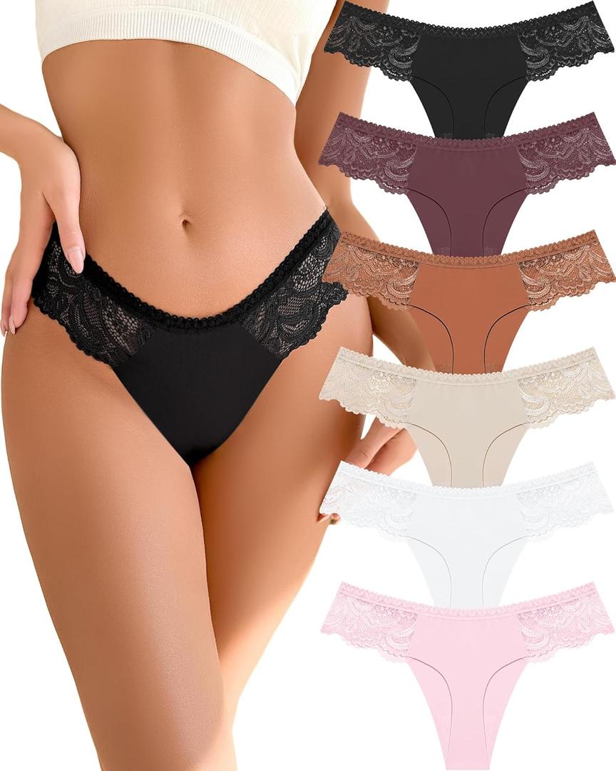 Seamless Underwear women Pack Thongs for Women No show Sexy Breathable Panties Ladies Lace Thong 6 Packs XS-XL (Medium, Black/Purple/Caramel/Complexion/White/Pink)