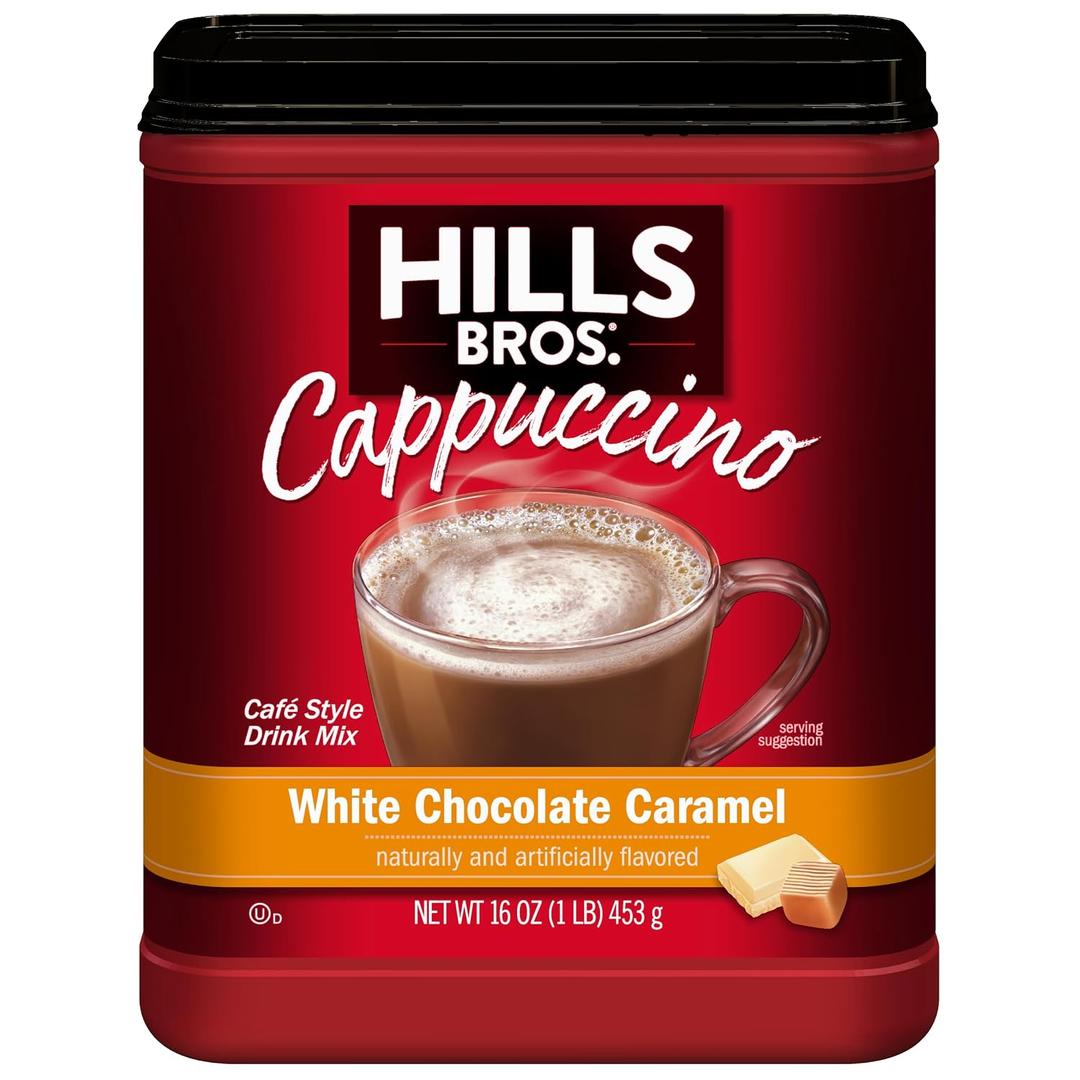Hills Bros. Cappuccino Mix Rich, Frothy Coffeehouse-Tasting Instant Drink Mix Quick and Easy Preparation Perfect for Hot & Iced Drinks & Creaming Coffee White Chocolate Caramel, 1 Pack of 16oz (EXP 01/28/27)