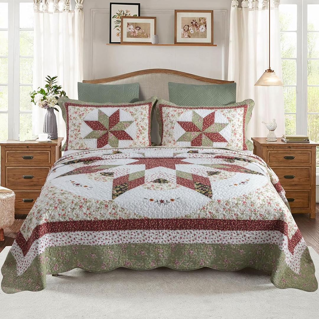 YAYIDAY Quilts Queen Size Patchwork Bedspread Set - 100% Cotton Reversible Breathable Red Star Geometric Quilted Quilt with Pillow Shams Fit All Seasons