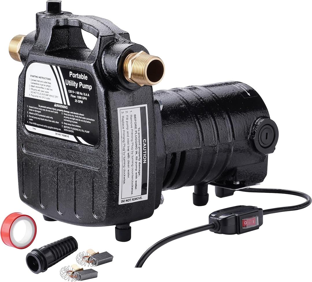 115Volt 1/2HP 1500 GPH Upgraded Heavy Duty High Pressure Cast Iron Casing Water Transfer Utility Pump with ON/OFF Switch,Brass Connectors and Suction Strainer Black