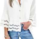 Cicy Bell Womens 3/4 Bell Sleeve Button Down Shirts Casual Ruffle Hem Tops Eyelet Blouse (Medium, White)