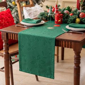 Joyfol Day Christmas Table Runners, Waterproof Jacquard Green Poinsettia Table Runner for Xmas Holiday Winter Festival Kitchen Dining Tabletop Decoration (14 x 48 Inch)