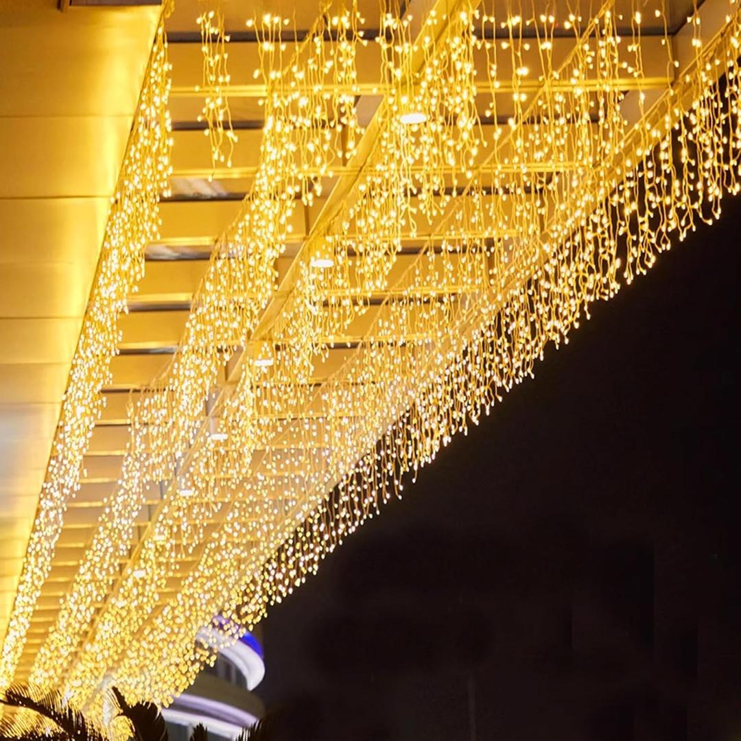 LED Icicle Lights, 8 Modes 16.4FT 112 LEDs Christmas Short Curtain Fairy Hanging Ceiling Extendable Lights for Wedding Balcony Doorway Outdoor Indoor Decoration Warm White, 5M04