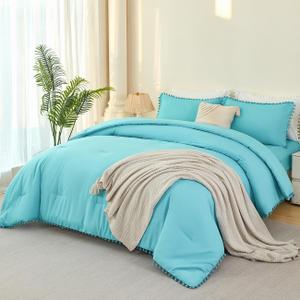 PERFEMET 5 Pcs Full Size Bedding Set for Girls Teal Blue Pom Pom Cute Bed in A Bag for Kids Teen Soft All Season Fluffy Boho Solid Bedding Comforters with Sheet Set(Teal Blue, Full)