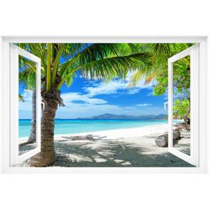 Fake Window Decal - 48"x32" Pre-Cut Vinyl Wall Art (Top & Bottom Panels) | Tropical Beach Palm Trees Mural Sticker | Removable Peel & Stick Decor