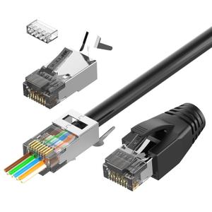 VCELINK CAT6A Connector, RJ45 Connectors Pass Through CAT6A CAT7 Shielded, UL-Listed 3-Prong Gold Plated, CAT7 Connector with Strain Relief Boots (RJ45 Connector-Black, Black, 10-Pack)