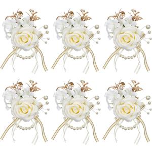 6 Pcs Wrist Corsage for Wedding, Rose Champagne Artificial Flower Wristlet for Bride Exquisite Ceremony Accessories for Party, Wedding, Anniversary