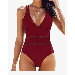 AI'MAGE Women One Piece Swimsuit Sexy V Neck Bathing Suits Tummy Control Swimsuits Mesh Hollow Out Swimwear M