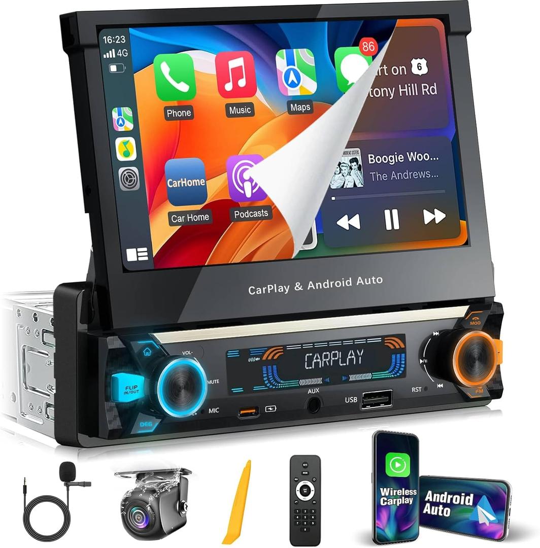 Single Din Touchscreen Radio Motorized Flip Out 7" QLED Carplay Wireless Apple CarPlay&  Android Auto. Dual Band WiFi. Fast Charging. Voltage & Noise Filter for old cars. Bluetooth. Backup Camera